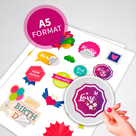Planche de stickers personnalisés sur adhésif blanc brillant Format papier  A5 (148x210mm)
